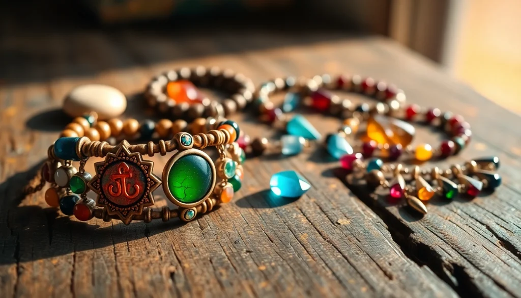 Showcase of spiritual jewelry featuring unique gemstone designs and symbols on a wooden table.