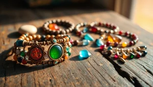 Showcase of spiritual jewelry featuring unique gemstone designs and symbols on a wooden table.