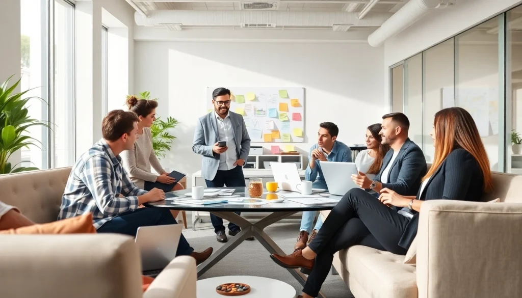 Creative marketing team discussing strategies at https://press.farm in a bright office.