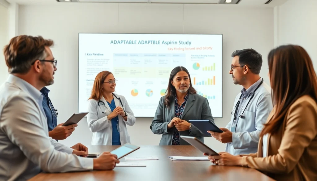 Researchers collaborating on the ADAPTABLE Aspirin Study findings in a modern setting.