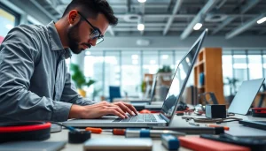 Enhance your services with the expert technician at https://computerhilfe-24.at working on a laptop in a bright office.