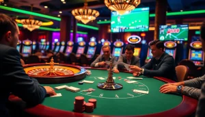 Experience the thrill of trực tiếp bóng đá betting with players at a vibrant casino poker table.