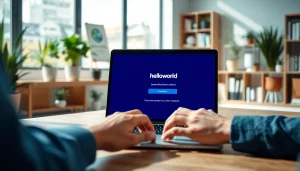 Download Helloworld software on a sleek laptop in a bright office environment.