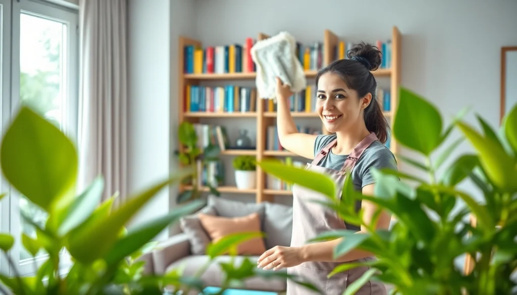 Cleaning service team energetically dusting shelves in a vibrant and modern home.