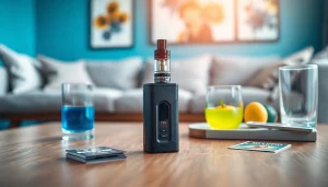 Ein fokussiertes Bild von einer e zigarette, stilvoll platziert auf einem Tisch, umgeben von bunten E-Liquids.