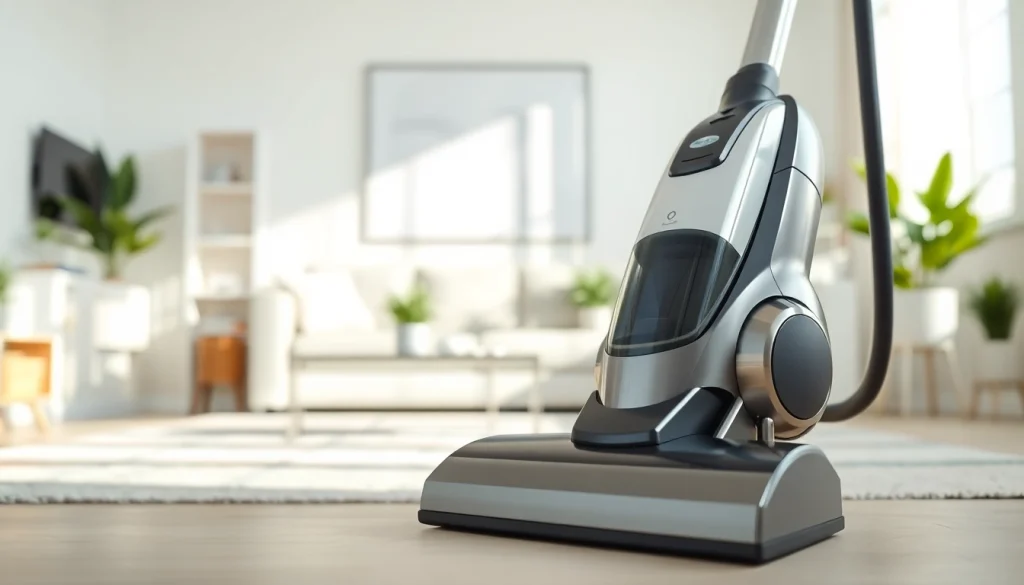 Efficient vacuum cleaning a modern living room with bright, natural lighting.