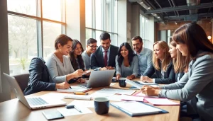 Craft a successful press release in a vibrant office with professionals collaborating.