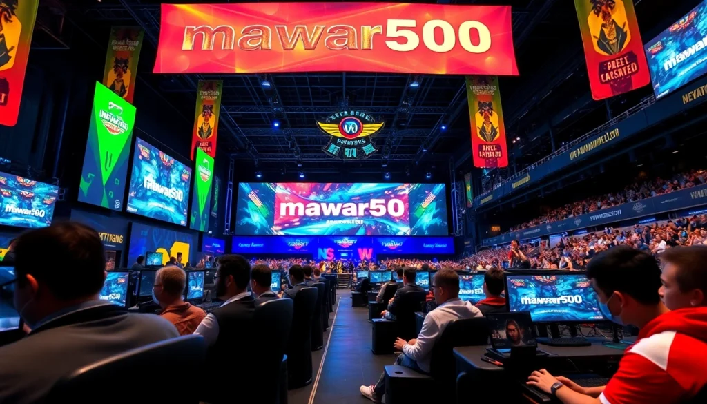 Permainan mawar500 game ditampilkan di arena esports dengan pemain antusias.