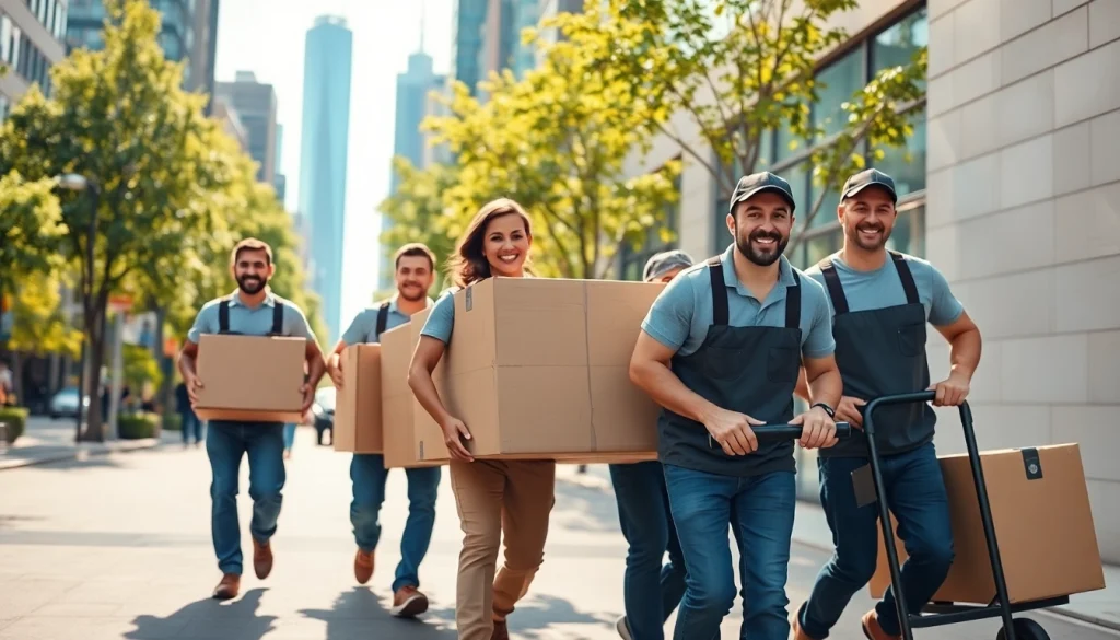 Team of movers from a Toronto moving company expertly carrying furniture in a bustling city.
