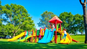 Children enjoying vibrant Playground Equipment in a lush park setting.
