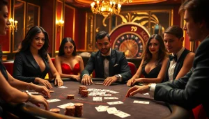A poker game at 79king casino showcasing players, chips, and a roulette wheel in a luxurious setting.
