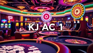A thrilling casino scene showcasing poker tables, dice, and KJC AC 1 slot machines for an exciting gaming experience.