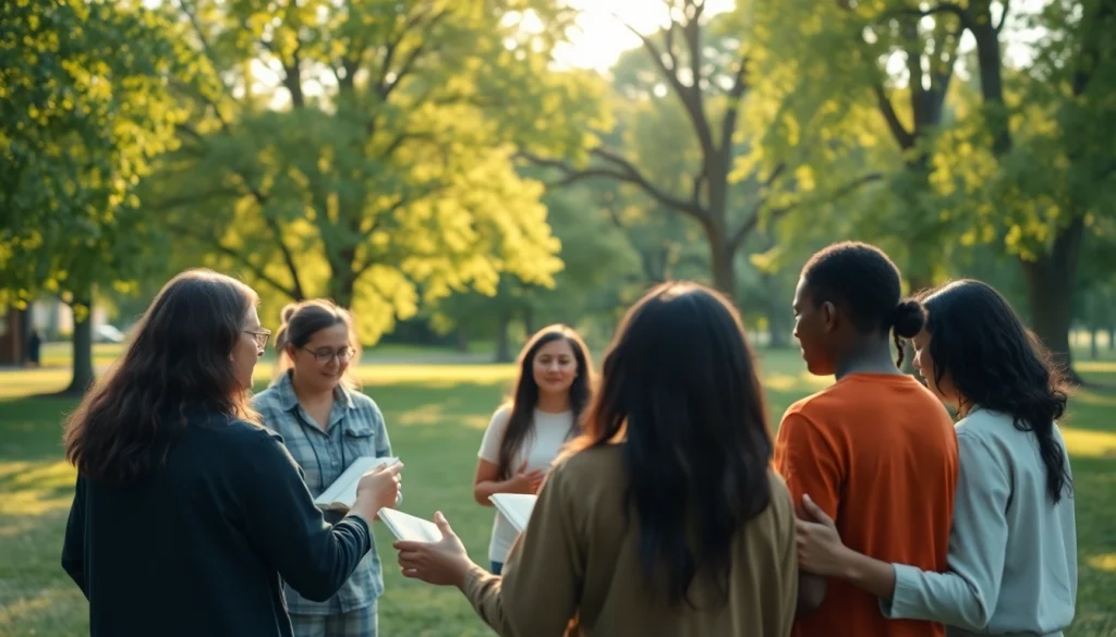 Christian committed individuals engaged in supportive prayer circle in a lush park setting.