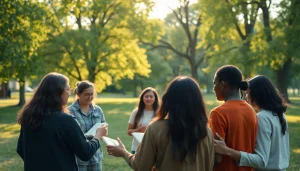 Christian committed individuals engaged in supportive prayer circle in a lush park setting.