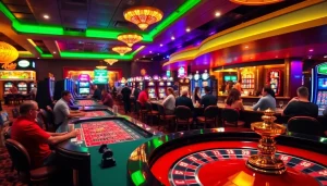 คาสิโนที่เต็มไปด้วยผู้เล่นสนุกสนานในบรรยากาศที่สดใสและมีชีวิตชีวา