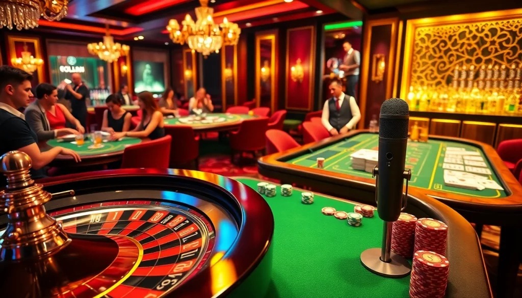 Captivating casino scene featuring vibrant games and the MV88 microphone enhancing live audio experience.