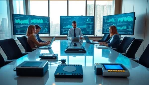 Showcase of Technology innovations in a professional office environment with collaborative teams.