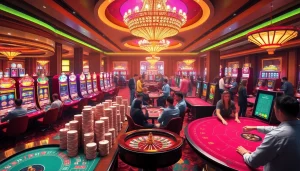 Experience the vibrant gambling world of KJC AC 1 with players enjoying casino tables and slot machines.