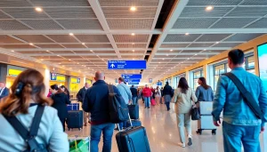 Travelers navigating Birmingham Airport's check-in area with vibrant displays and modern architecture.