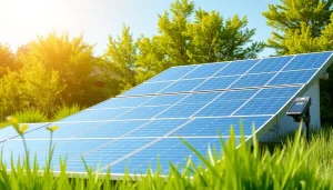 Showcasing an off grid home solar system with sleek panels harmonizing in a garden.