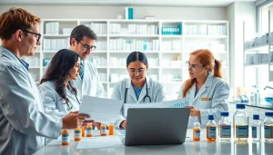 Researchers collaborating on the ADAPTABLE Aspirin Study in a well-lit clinical laboratory.
