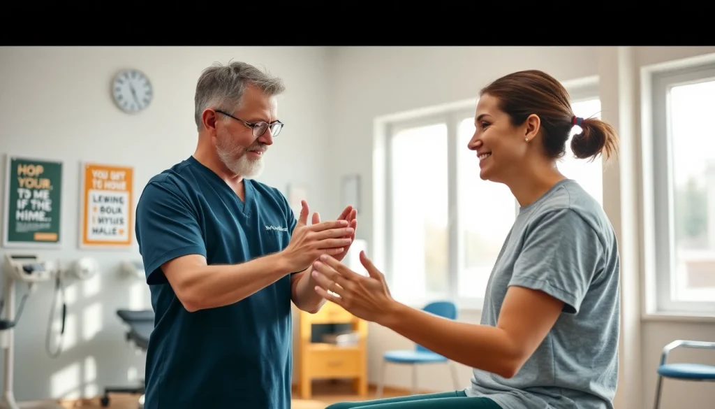 Health in Motion Rehabilitation showcases a therapist assisting a patient in a bright clinic setting.