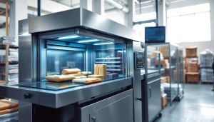 Showcasing a shrink wrapper machine wrapping products efficiently in a bright industrial setting.