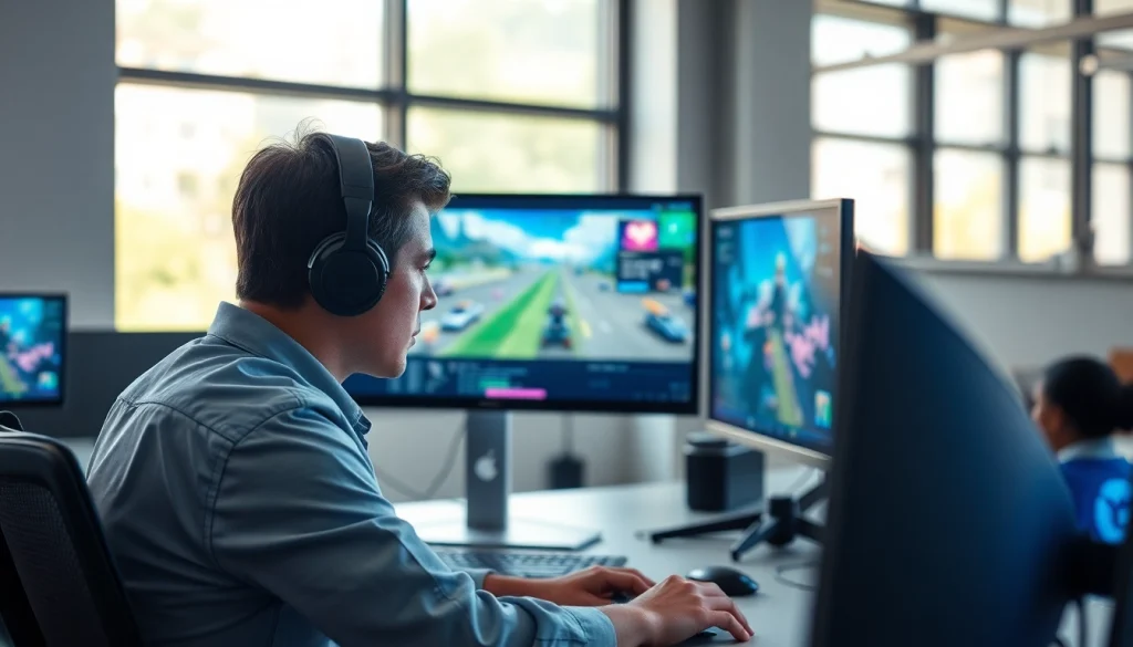 Engaging scene of a game quality assurance tester analyzing gameplay on a computer in a modern office.