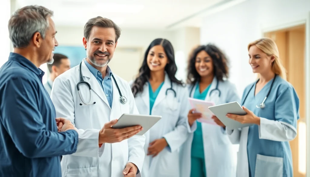 Engaged healthcare professionals discussing Health solutions in a modern medical facility.