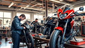 In der motorrad werkstatt reparieren erfahrene Mechaniker Motorräder mit Fachkenntnis.