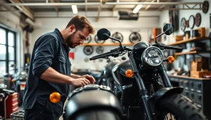 Motorrad Werkstatt mit Techniker, der an einem Motorrad arbeitet und hochwertige Dienstleistungen anbietet.