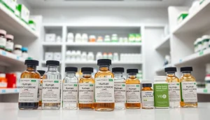 BUY HGH ONLINE with high-quality human growth hormone products displayed in an organized pharmacy.