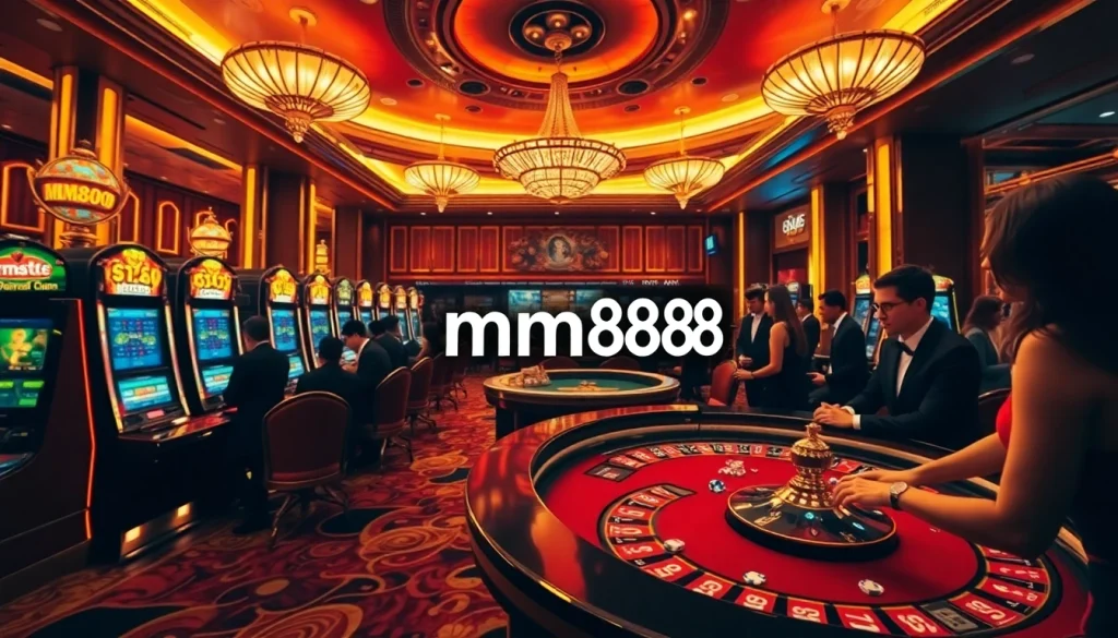 Experience mm888 excitement: luxurious casino scene with vibrant slot machines and players at roulette tables.
