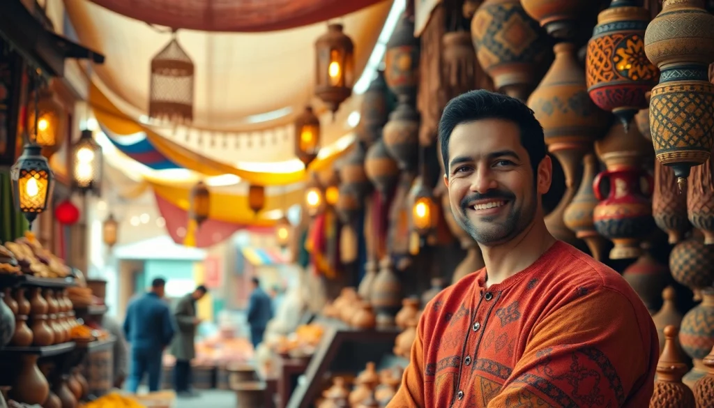 Engaging scene of morocco travel showcasing a vibrant Moroccan souk bustling with artisans and colorful wares.