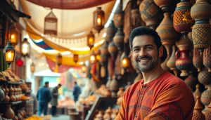 Engaging scene of morocco travel showcasing a vibrant Moroccan souk bustling with artisans and colorful wares.