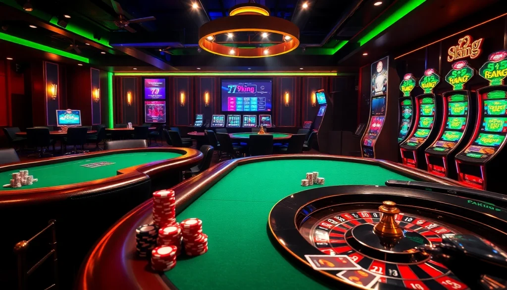 Experience thrilling poker action at 79king's luxury casino with vibrant roulette wheels, slot machines, and betting excitement.