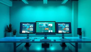 Desenvolvimento de Sites: equipe trabalhando em um projeto de criação de sites modernos e responsivos.