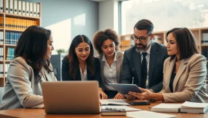 Consulting team at https://www.fisher-wilsey-law.com reviewing documents in a modern office.