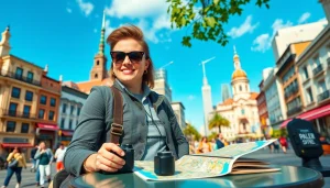 Engaging travel experience at https://travelvixta.com with a professional blogger in a vibrant city setting.