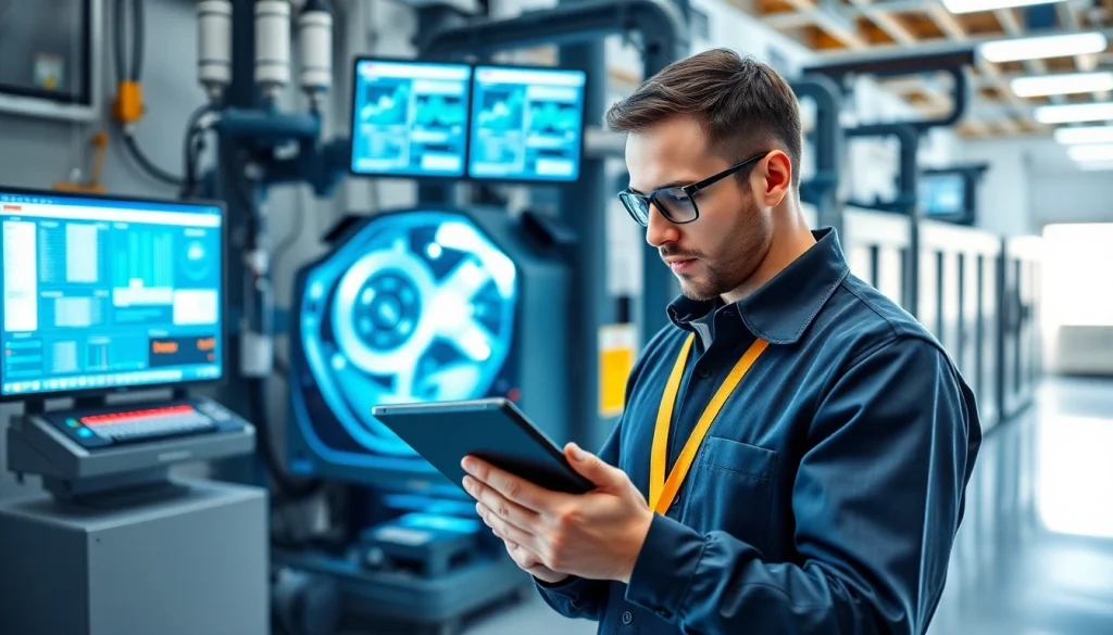 TÜV Berlin: Ingenieur überprüft Sicherheitsstandards in modernem Laborumfeld mit Testgeräten.