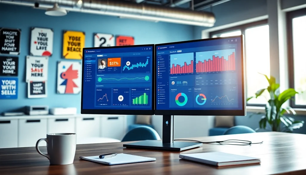 Analyzing data on an smm panel with vibrant analytics on dual monitors in a professional office.