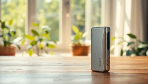 Showcasing a stylish pod mod device on a wooden table, emphasizing its design and elegance.