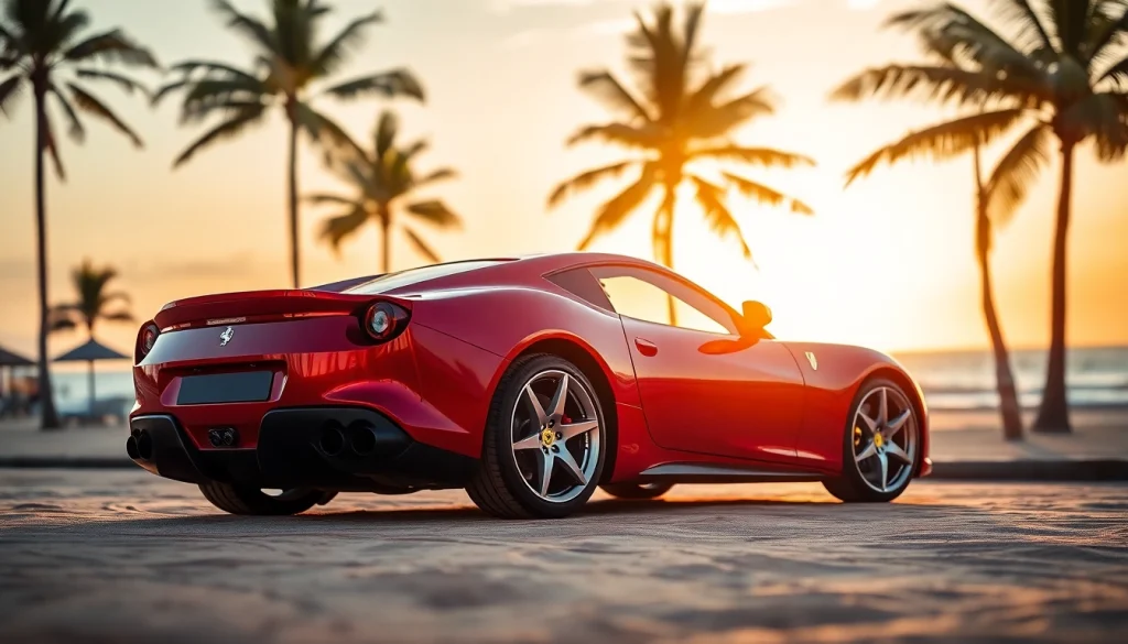 Buy Ferrari second-hand Durban: a stunning second-hand Ferrari gleaming on Durban's beachfront during sunset.