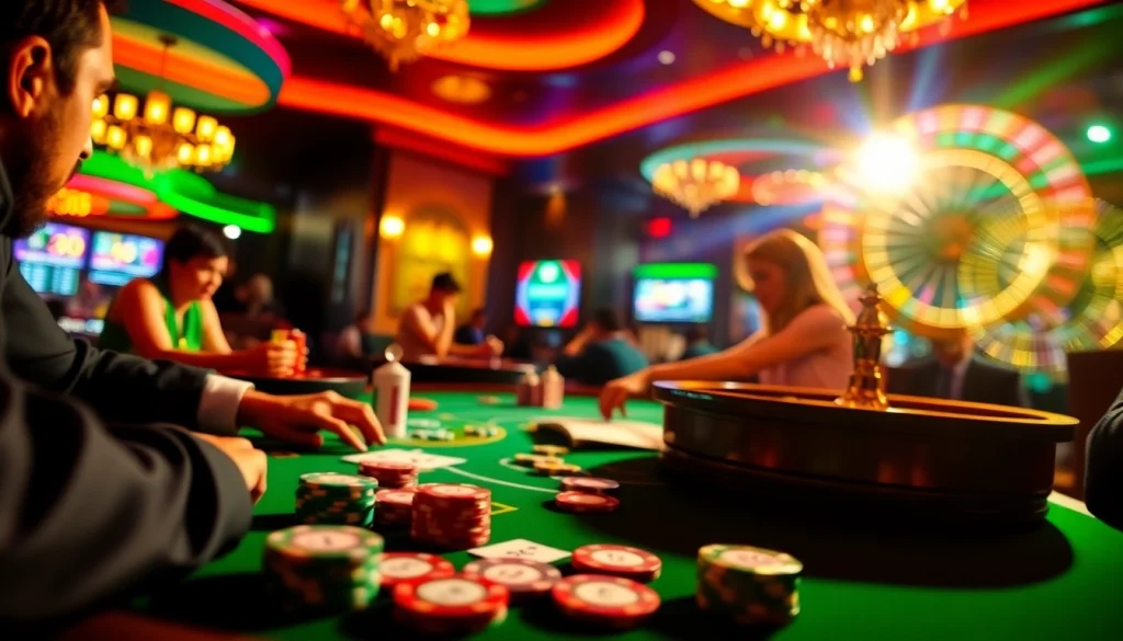 Players engaged in a thrilling poker game at 89bet casino table, showcasing vibrant chips and cards.