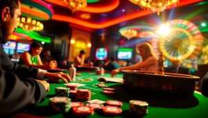 Players engaged in a thrilling poker game at 89bet casino table, showcasing vibrant chips and cards.