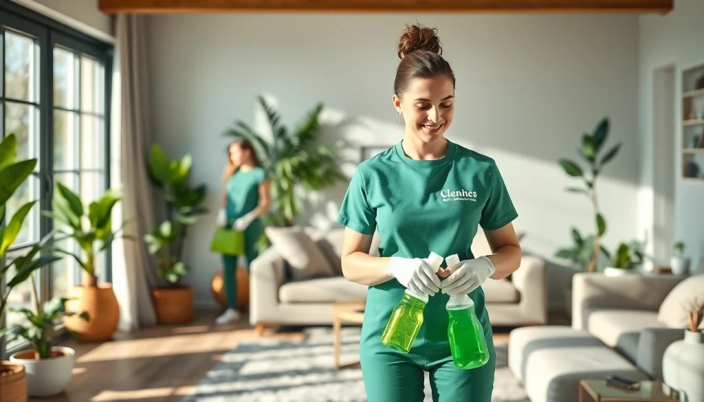 Experience eco-friendly cleaning with https://ecocleanellies.com in a vibrant home setting with a diverse team.