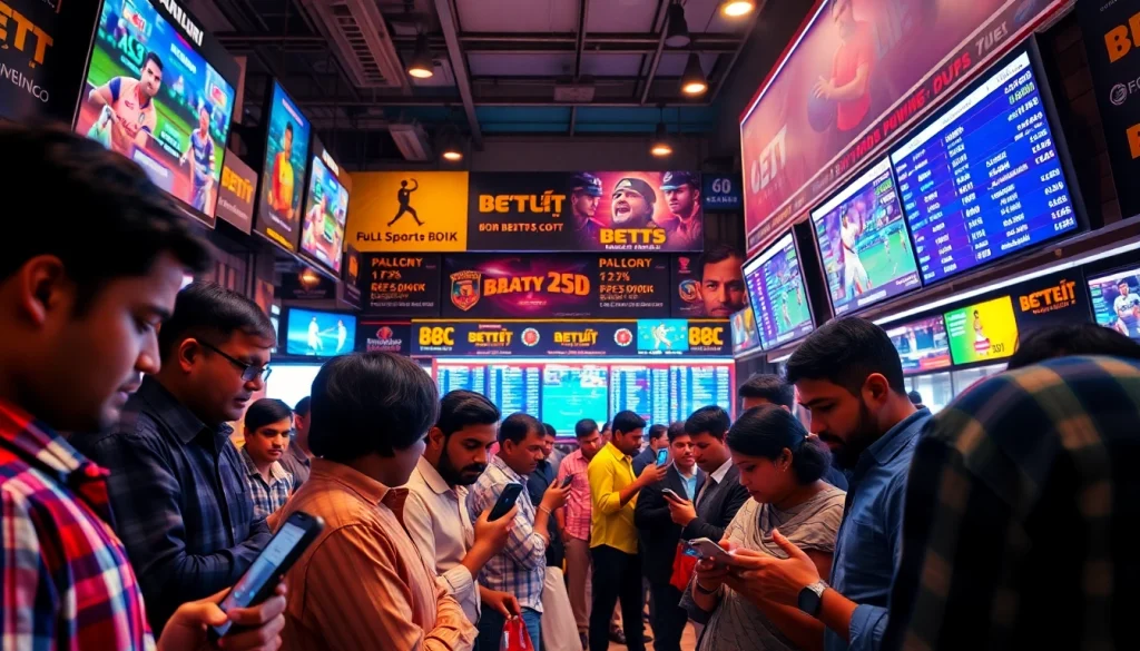Engaging scene of sports betting in India with diverse bettors in a vibrant environment.