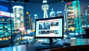 Latest tech news on https://www.techgaged.com displayed on a sleek computer in a vibrant newsroom.