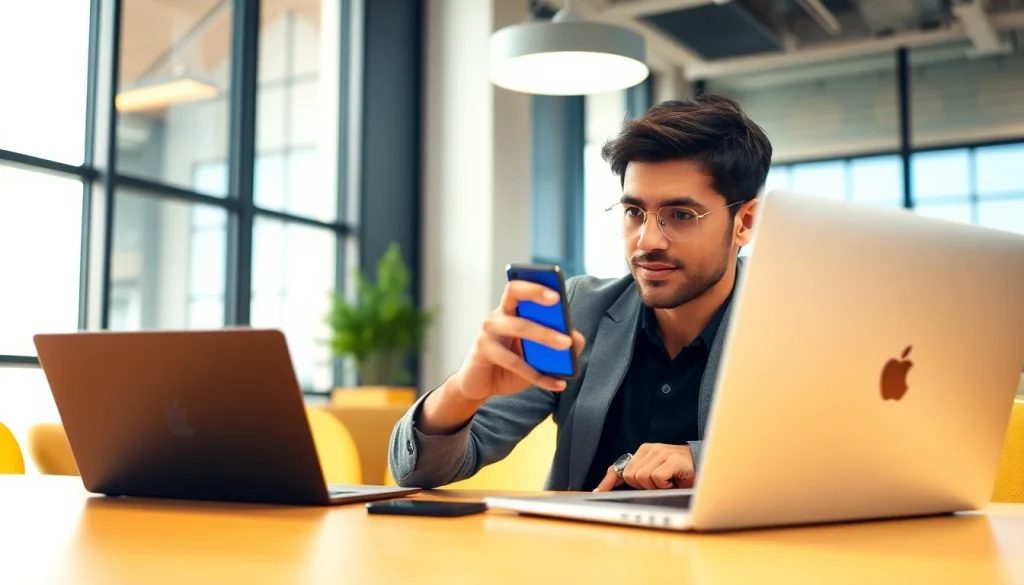 Engaging with https://rr88c.mobi/ in a professional workspace, showcasing smartphone use and productivity.