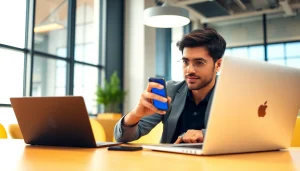 Engaging with https://rr88c.mobi/ in a professional workspace, showcasing smartphone use and productivity.